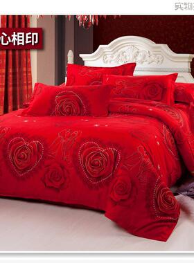 高档床厚磨毛婚庆大红色四件套床用品床单被套结上婚1.8m加米上4
