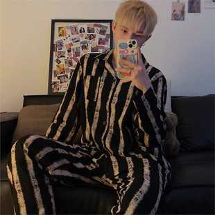 秋冬季 黑色家居服薄款 加大码 家居服夏季 长袖 纯棉睡衣男春秋季 男士