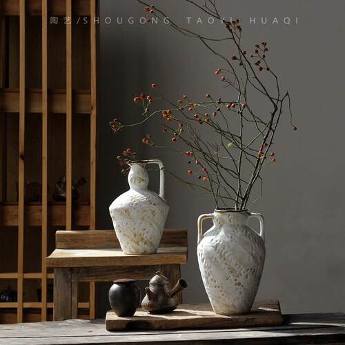 民宿侘寂风粗陶花瓶陶罐插花复古禅意居家客厅装饰品摆件陶瓷花器