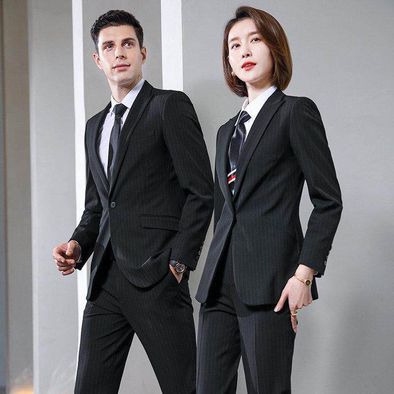 黑色条纹西装三件套男女秋冬免烫职业正装办公室工作西服定制logo
