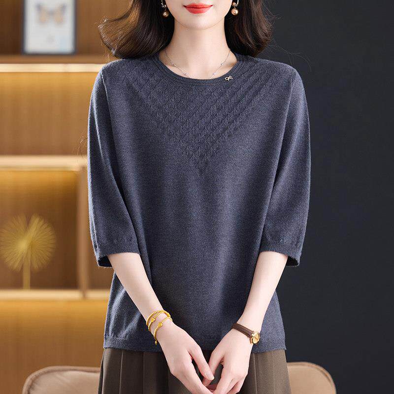 妈妈装洋气针织衫女2026春款七分袖圆领宽松大码显瘦薄款中袖T恤