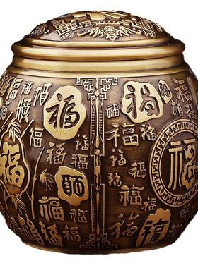 黄铜新品百福缸茶叶罐带盖茶道茶具桌面摆件福字储物罐聚宝盆客厅
