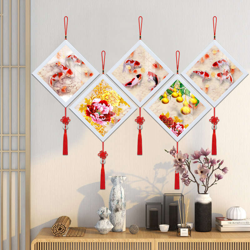 客厅沙发背景墙九鱼牡丹五联装饰画现代简约轻奢大气菱形墙壁挂画图片