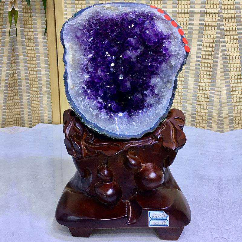 天然巴西原矿钱袋子摆件 紫水晶簇紫晶洞矿标家居装饰摆件