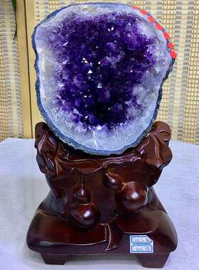 天然巴西原矿钱袋子摆件紫水晶簇紫晶洞矿标家居装饰摆件