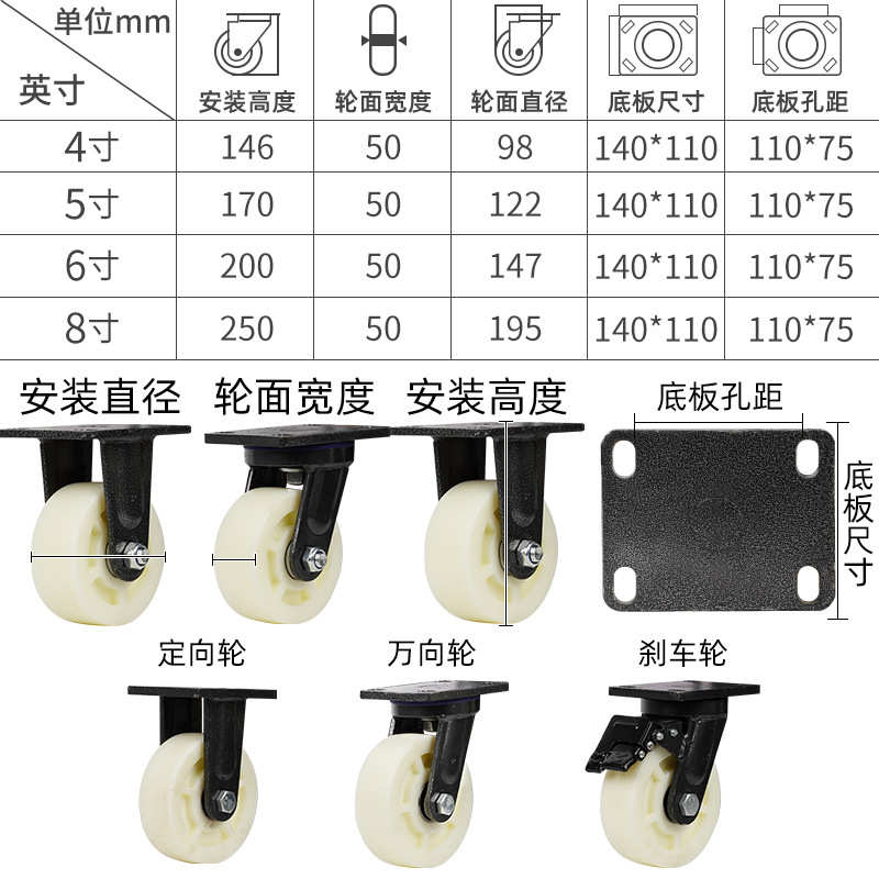 超重型工业铁芯尼龙4寸6寸万向轮定向刹车脚轮8寸10寸手推车米想