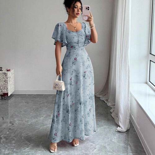Womens Slim Fit Floral Dress Leaf Sleeves Design Inner