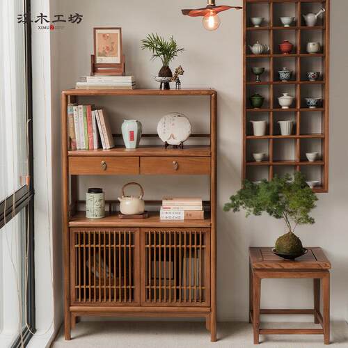 新中式实木博古架书架茶具置物架茶柜展示柜榆木边柜书柜