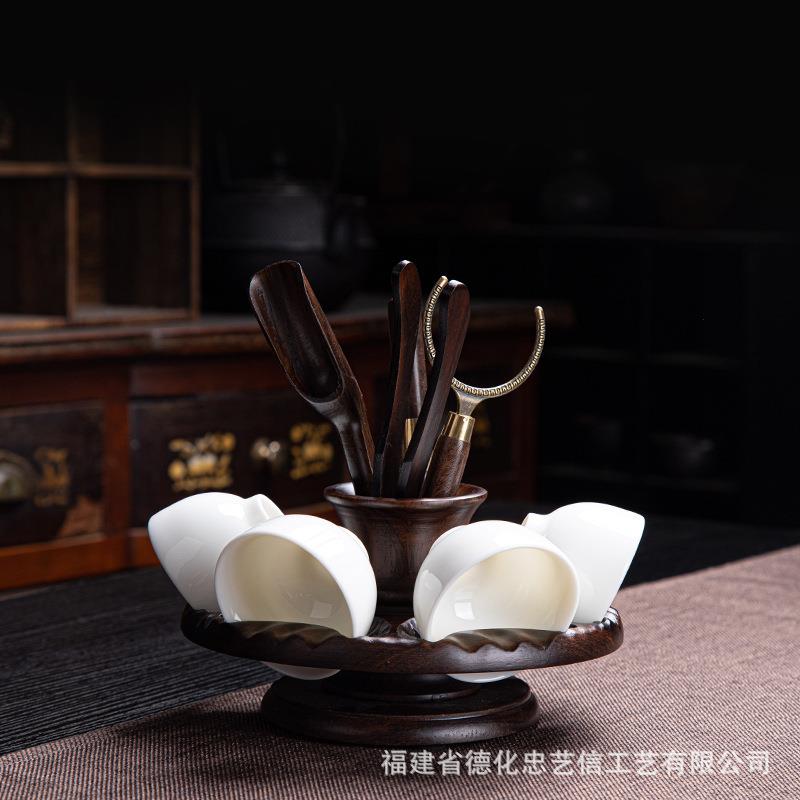 旋转杯架茶道六君子实木套装黑檀鸡翅木茶杯搁置台茶具茶艺配件