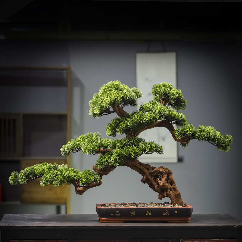 新中式仿真迎客松盆景办公室玄关摆件绿植假树酒店样板间装饰品