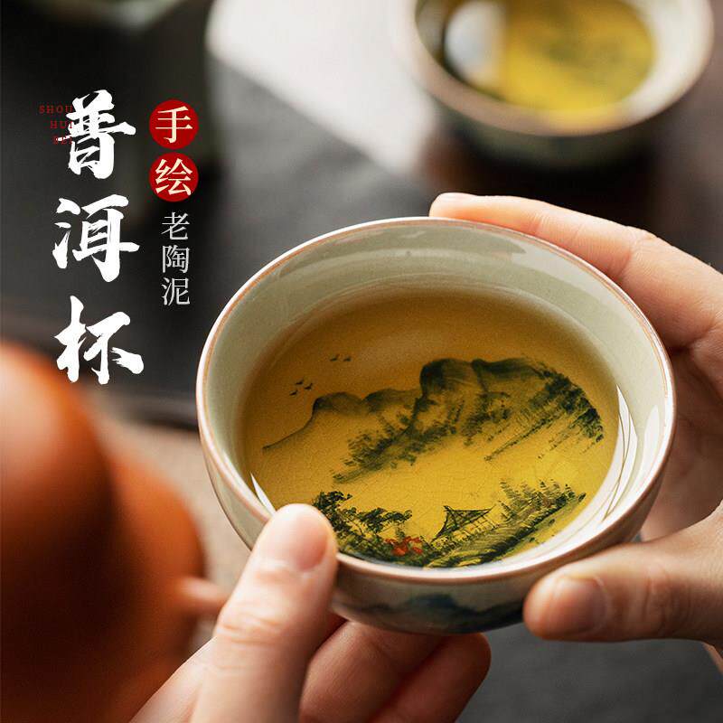泥土故事老陶泥普洱杯手绘青花压手杯山水品茗杯千里江山主人杯