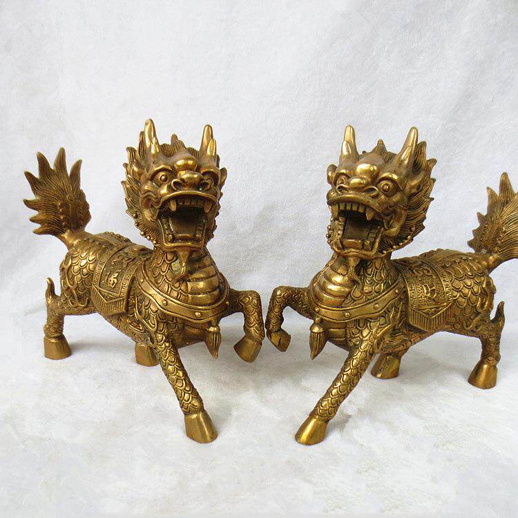 古玩销器摆件古玩古董铜器摆饰黄铜火麒麟一对金属工艺品