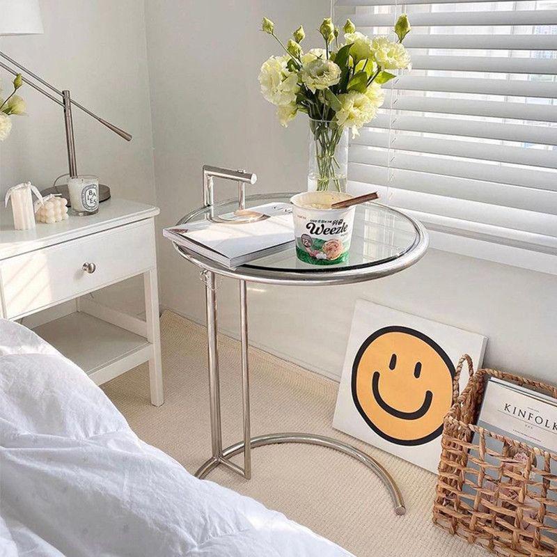 透明可升降茶几不锈钢简约圆桌现代床头沙发中古风边角几网红ins