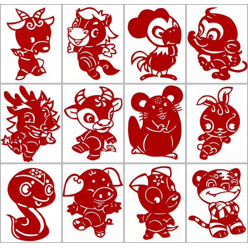 黑简生十肖材纸图二案卡习白肖手稿图雕手单刷工通二生十刻剪纸案
