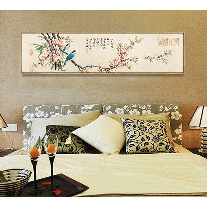 新中式横幅花鸟床头装饰画画芯海棠花挂画国画水墨