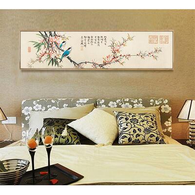 新中式横花幅花鸟床头装饰画芯海棠挂画OKD国画水画墨