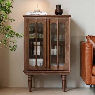 北美黑胡桃木中古风边柜复古实木酒柜玻璃展示边柜客厅沙发小斗柜