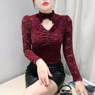 洋气百搭1219e 显瘦内搭衫 欧货蕾丝长袖 上衣秋冬网纱性感修身
