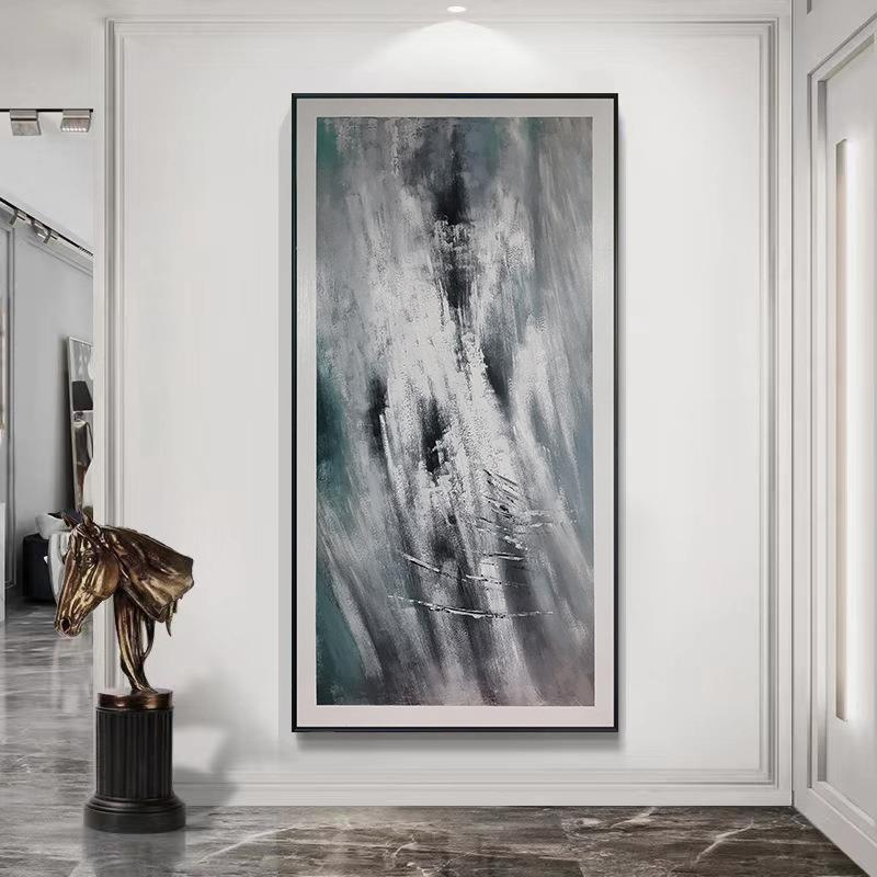 纯手绘抽象黑白肌理油画现代极简工业风客厅玄关入户挂画大装饰画