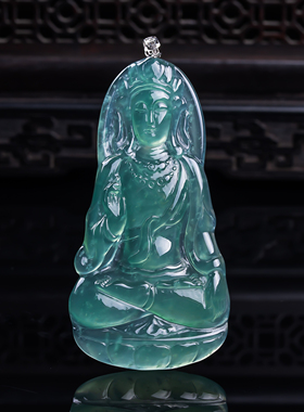 天然真品翡翠18k金扣头冰种蓝水天空蓝高端闪拍观音玉吊坠19.32g