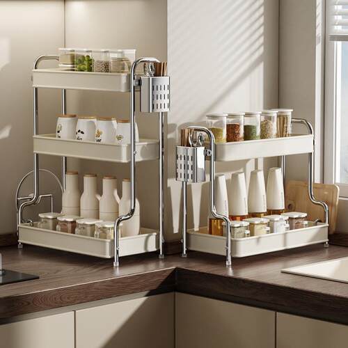 Dual-layer kitchen spice rack for home countertop, multi-fun