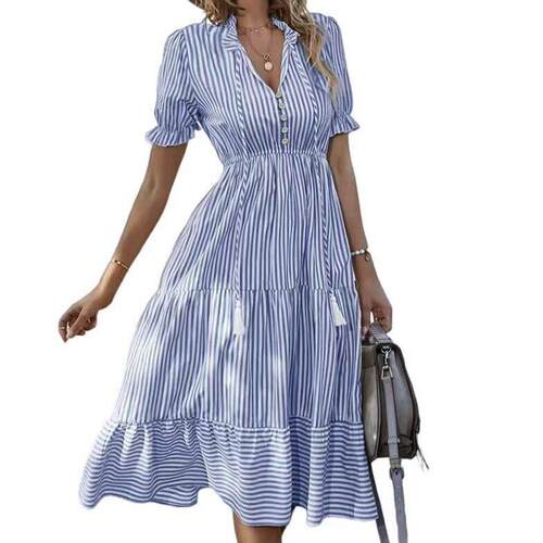 Women Button Down Striped Dress Lapel Collar Short Sleeve