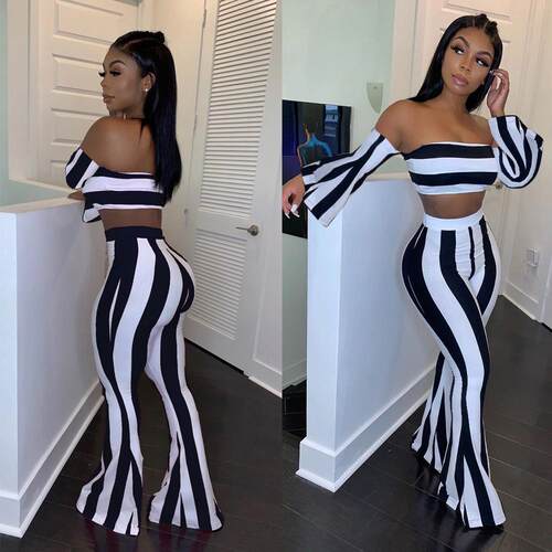 Women's flared sleeve top+flared pants set striped two