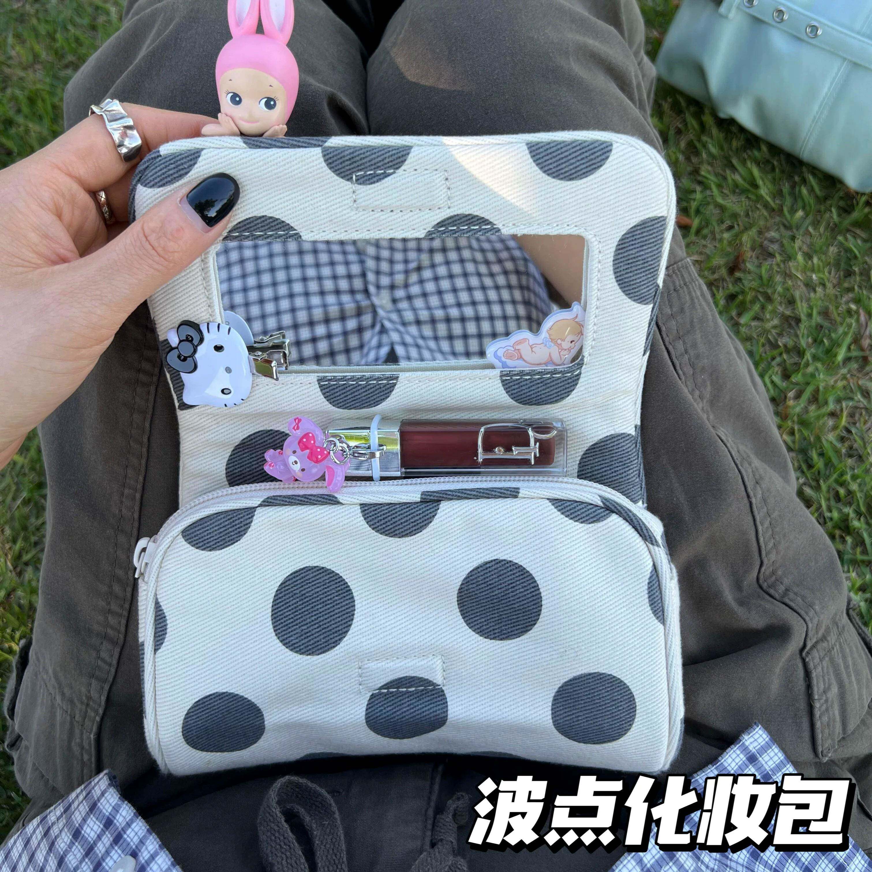 韩系波点帆布化妆包大容量高颜值ins风便携小巧手提旅行收纳包女