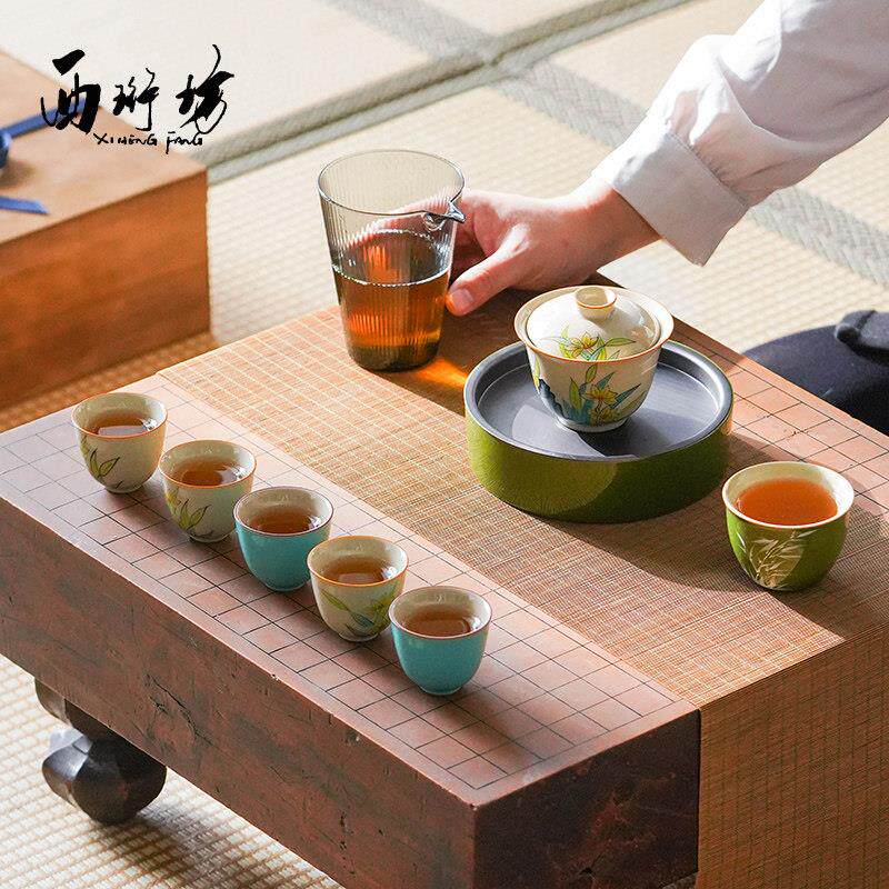 草木灰手绘兰花功夫茶具盖碗套装家用办公陶瓷釉下彩干泡茶器礼盒