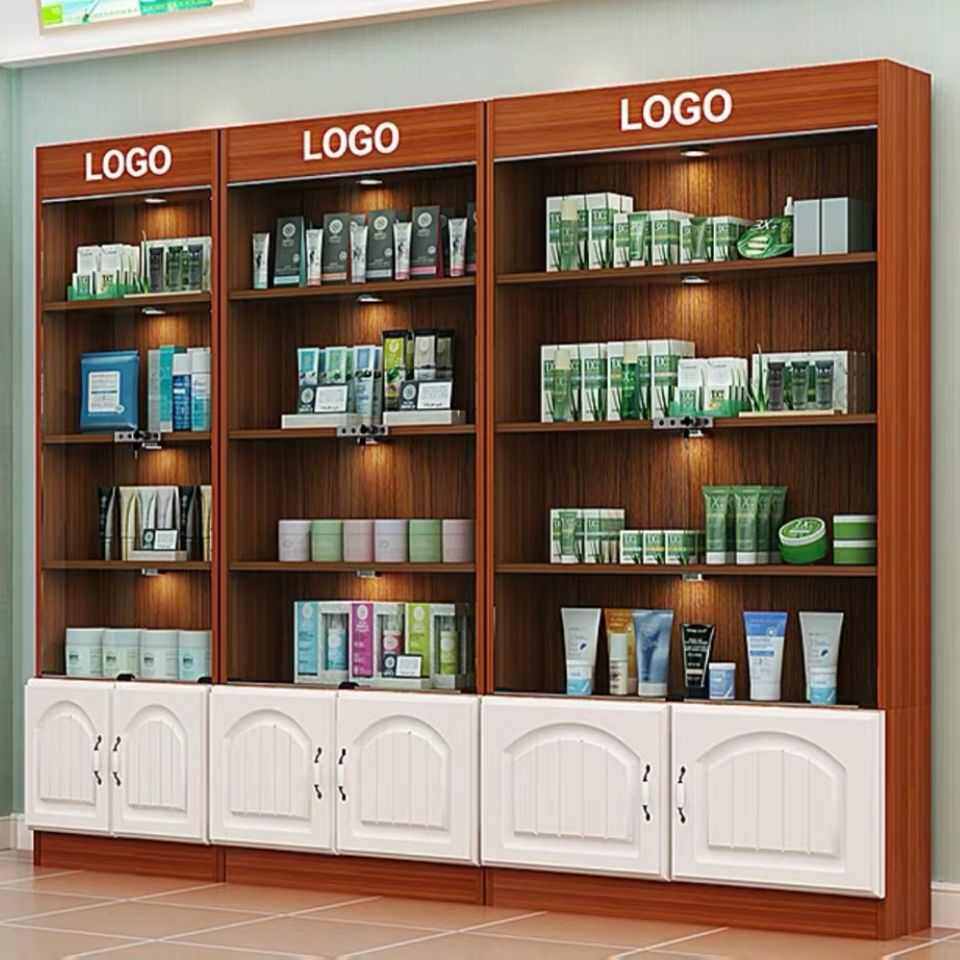 美容简约陈列玻璃门展示送带产品美甲欧式柜柜柜无隔断化妆品灯锁