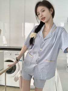 雾霾蓝简约舒适高级感短袖短裤纯色睡衣女夏季家居服两件套可外穿