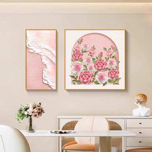 奶油风餐厅装饰画简约肌理感花卉主卧室床头挂画抽象海浪房间壁画