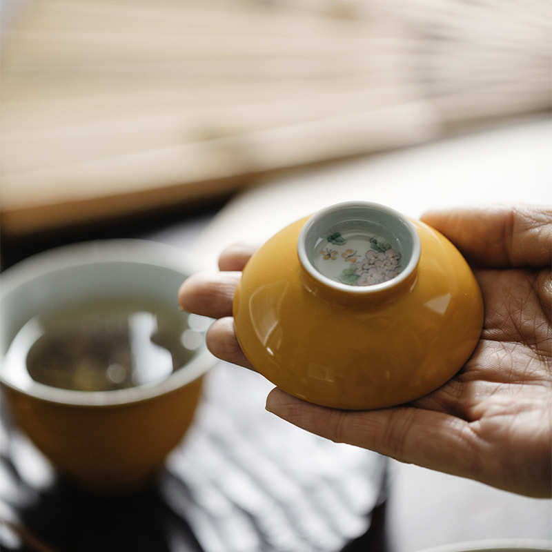 拓黄釉釉下粉彩手绘盖碗功夫茶具陶瓷泡茶碗家用文人仿烫主泡碗