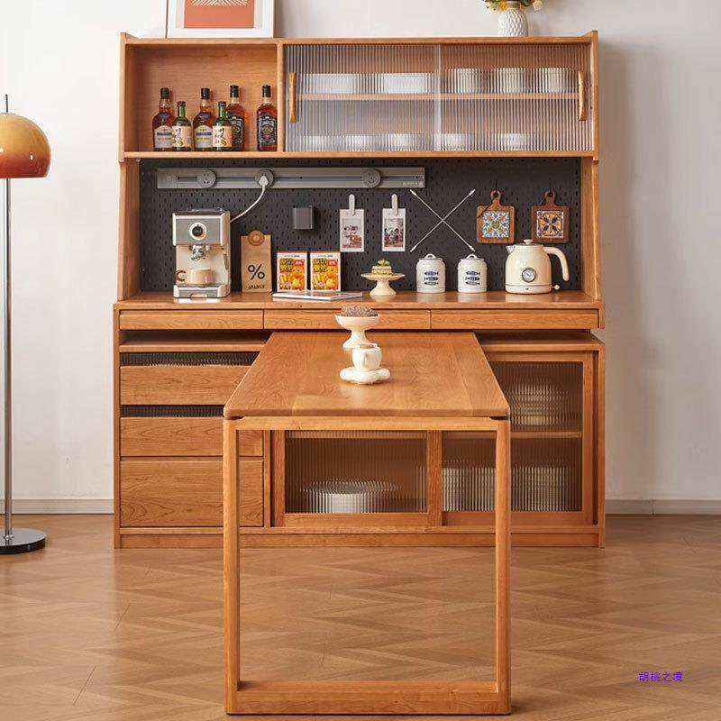 北美樱桃木餐边柜可旋转推拉餐桌一体家用茶水柜客厅多功能储物柜