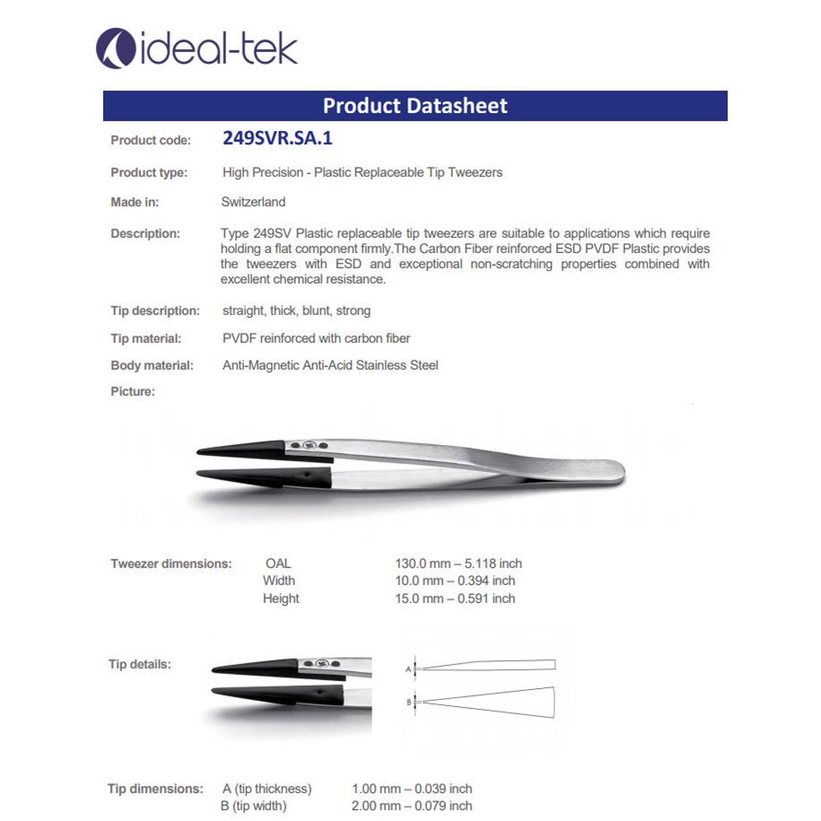 ideal-tek镊子249SVR.SA 可换头防静电镊子 微电子组装尖头镊子