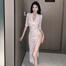 趣味欧美性感低胸透视蕾丝开叉，睡裙暗黑修身镂空中袖女士家居睡衣