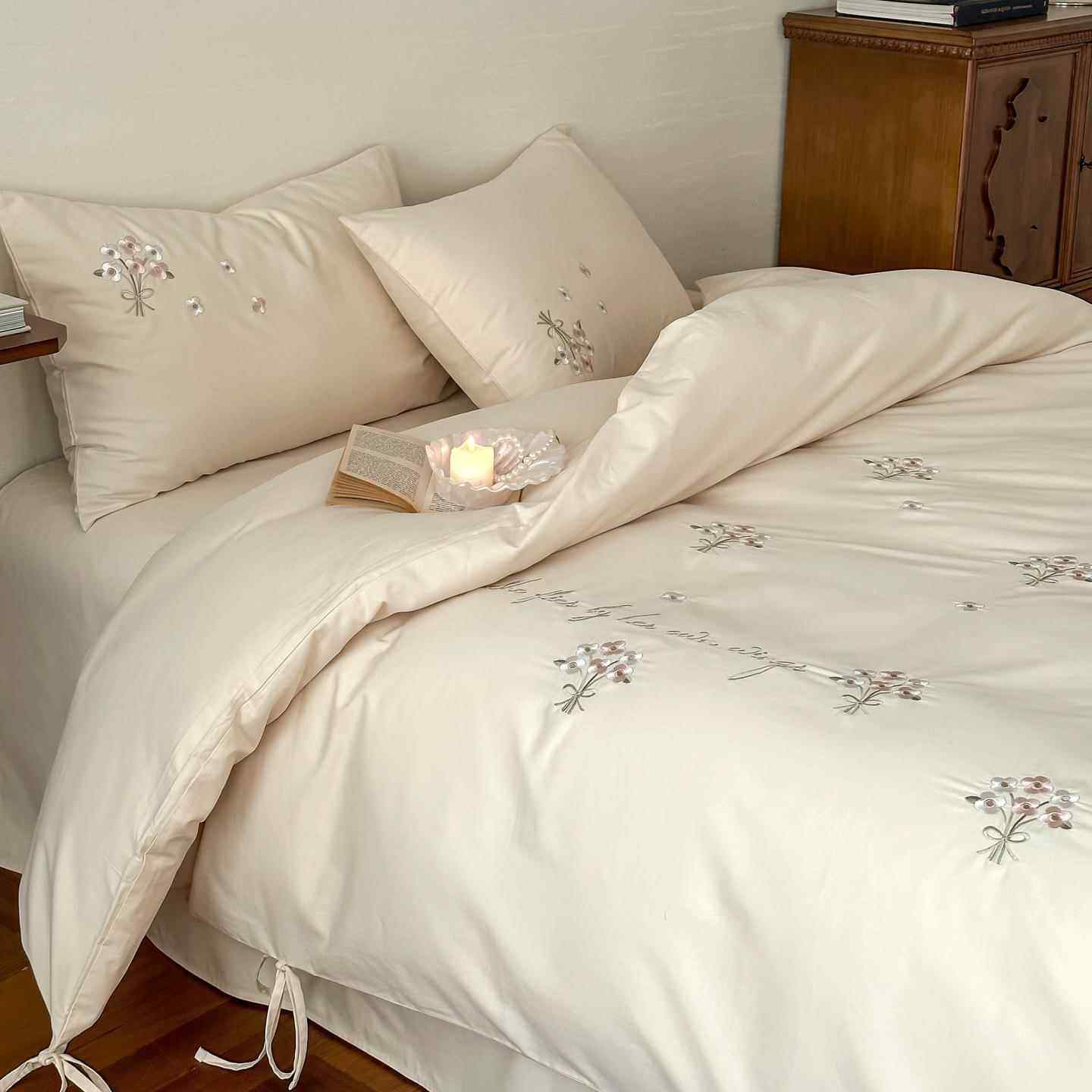 秋冬加厚100S长绒棉磨毛四件套纯棉刺绣床单被套少女心绑带款床品