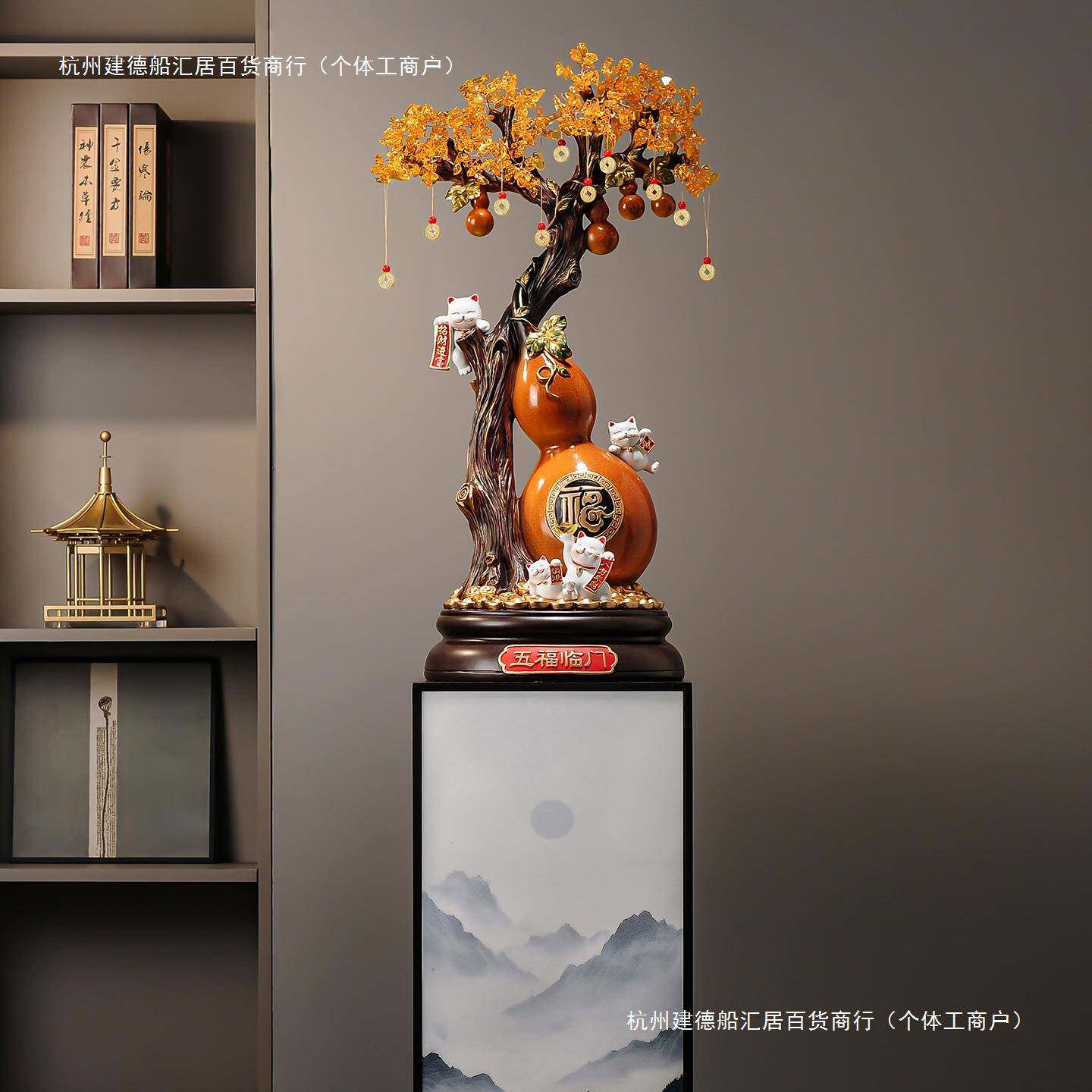 葫芦发财树电视柜旁边落地摆件2026新款走廊玄关中式大型艺术装饰