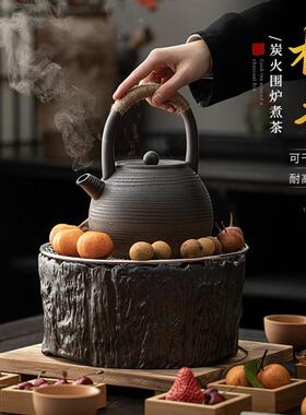 围炉煮茶复古陶壶炭炉烧水泡茶壶套装粗陶明火炭烧温茶炉炭炉火炉