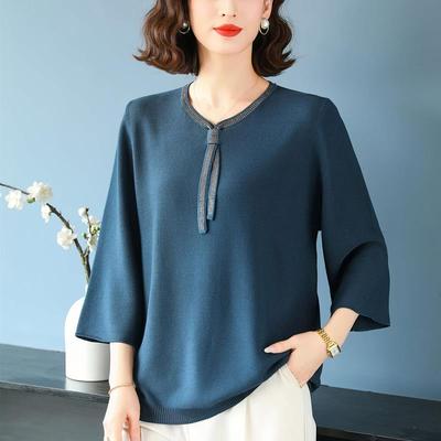 特大码中老年七分袖t恤女上衣春秋妈妈装宽松遮肚休闲蚕丝打底衫