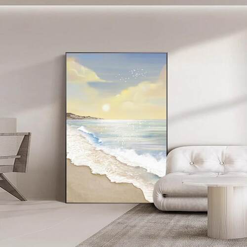 奶油风客厅装饰画海景肌理画海浪高级感落地画玄关挂画卧室墙壁画