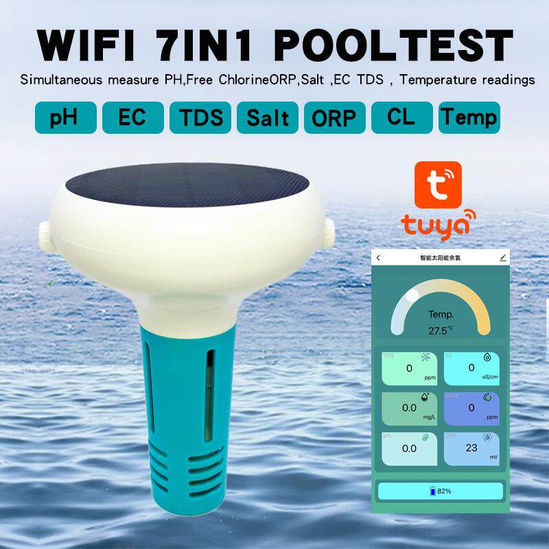 WiFi无线太阳能L泳池水质检测pH电导率C余氯ORP温度泳仪池监测仪