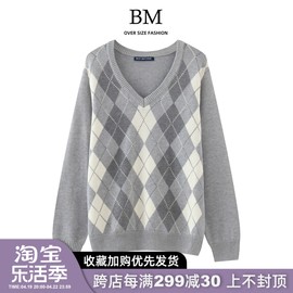 BM Fashion美式复古菱形格子V领套头针织衫毛衣bm百搭上衣ins