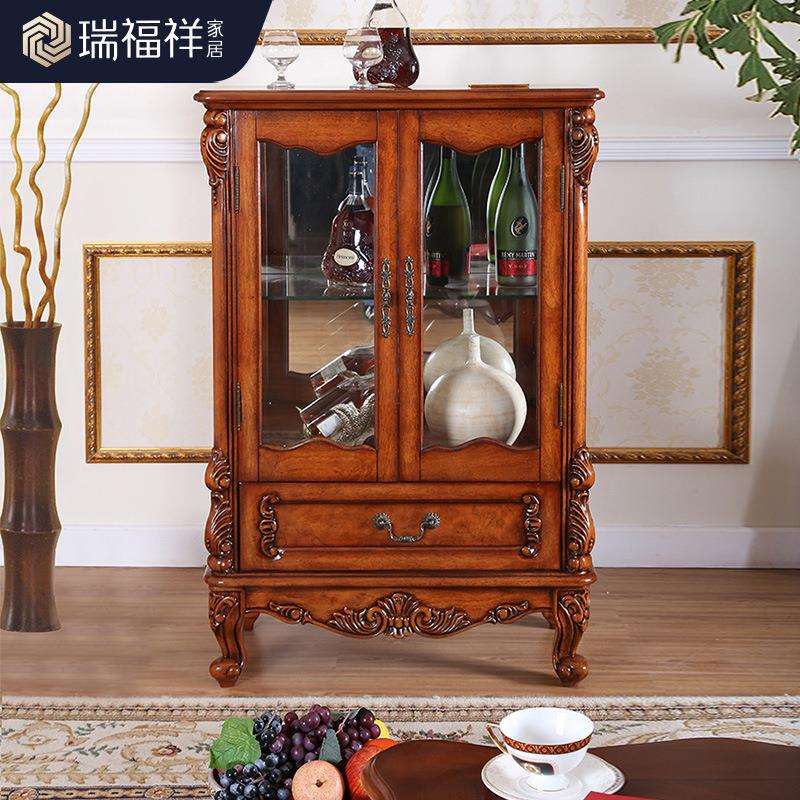 美式简约酒柜装饰柜摆件实木客厅餐边柜欧式展示柜玻璃储物柜复古