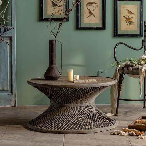 日式小户型客厅圆形桌子民宿现代简约边几阳台手工藤编小茶几