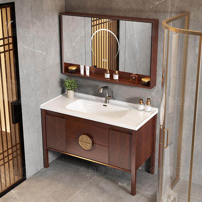 中式橡木浴室柜陶瓷一体盆2025新款落地式乌金木双槽洗脸盆洗手盆