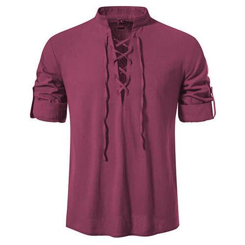 Men's standing collar long sleeved shirt, cotton and linen
