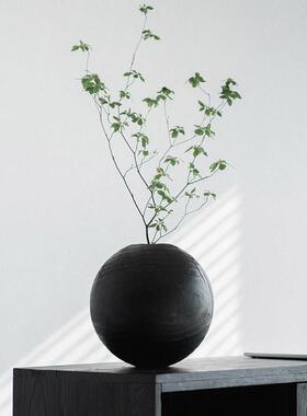 侘寂新中式圆球花瓶装饰摆件民宿客厅玄关实木花器插花桌面装饰品
