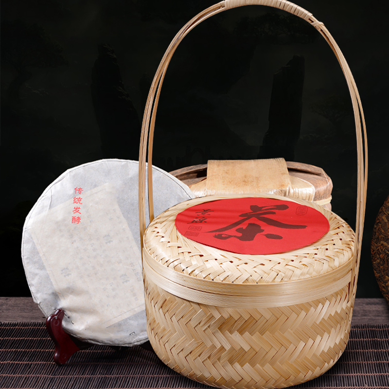 竹编外包装茶饼篓茶叶包粽子五谷杂粮创意礼盒手提竹篮圆形收纳筐