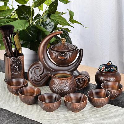 陶瓷半自动茶具防烫套装家用懒人茶漏小康泡盖碗茶杯古朴柴烧创意